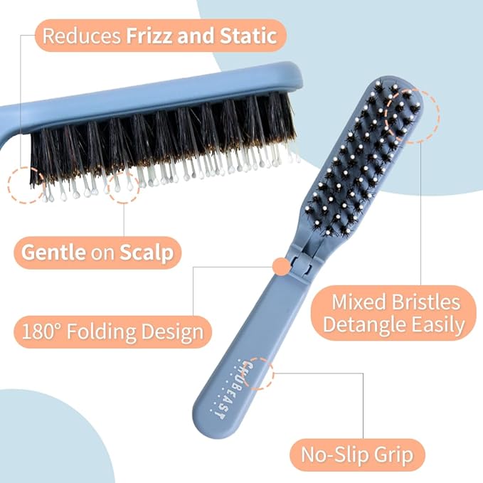 Uffy MiniPop Travel Hair Brush – Mini Folding Boar Bristles for Women, Men & Kids | Kid-Friendly Compact Comb for Wet & Dry Hair, Curly or Straight | Pocket-Size Detangler - Pink Lilac