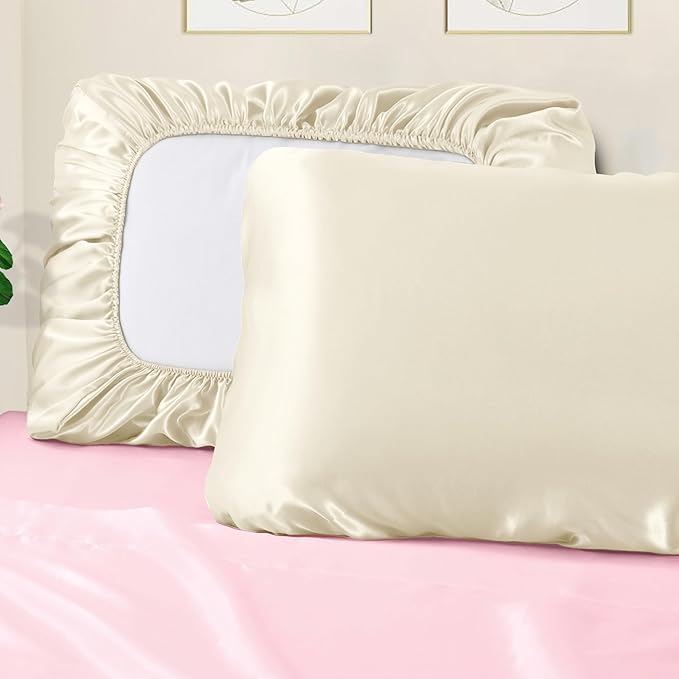 Manyshofu Satin Pillowcases for Hair Protection - 2Pcs Beige Pillow Cases, Elastic Band Standard & Queen Satin Pillowcases Luxury Silky Pillow Cases Travel Pillow Covers