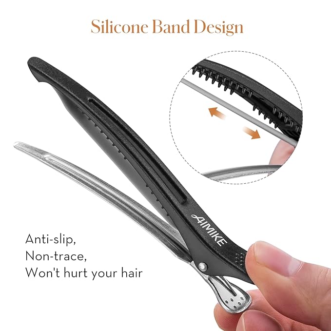 AIMIKE 4pcs Professional Hair Clips for Styling Sectioning, Non Slip No-Trace Duckbill Hair Clips w/Silicone Band, Salon and Home Hair Cutting Clips for Hairdresser, Women, Men - White & Black 4.3”
