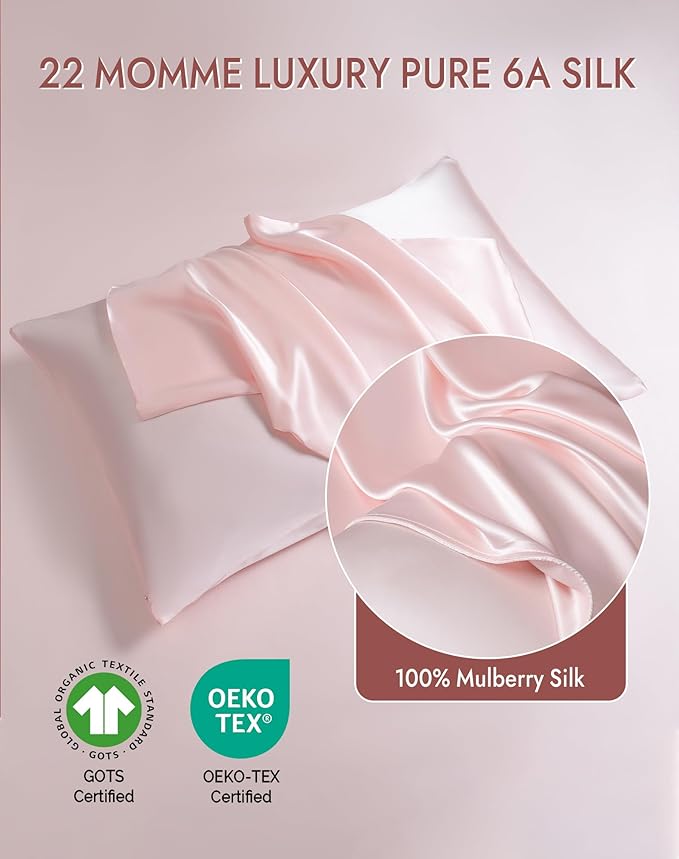 SilkSilky 100% Mulberry Silk Pillowcase - Pure 22 Momme High-Grade 6A Fibers for Hair & Skin, Envelope Closure, Natural, Organic, Breathable & Cooling Pillow Case (King, Pink)