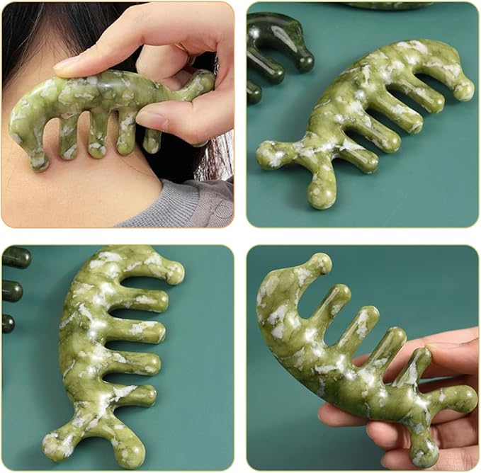 TIDTALEO Jade Craft Massage Comb Tool 3D Fish-Shaped Scalp Massager with Gua Sha Function Light Green Jade for Head, Body, and Facial Acupressure Relaxation