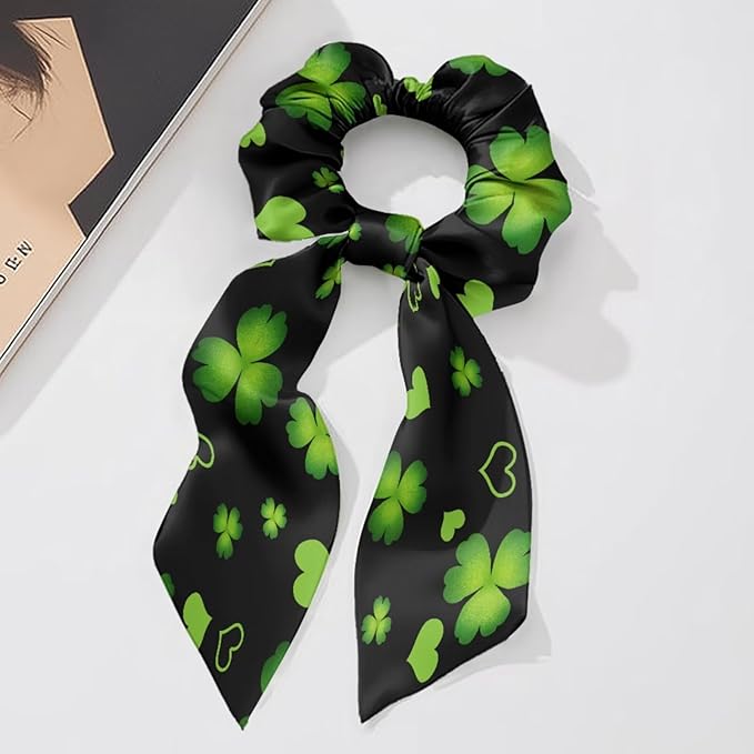 Green Four Leaf Ribbon Bow Hair Ties for Girls 2 Pcs Paw Print Scrunchies with Ribbon Tails St Patricks Theme Hair Scarf Scrunchy No Damage