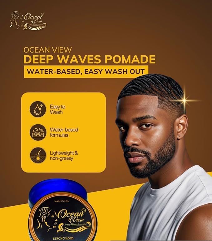 OCEAN VIEW DEEP WAVES POMADE- Water-Based Hair Cream for 360 Wave Training and Wolfing- Silky Smooth Application and Styling, Strong Hold, Easy Wash- Waver and Barber Accessories - 4oz Tin Can