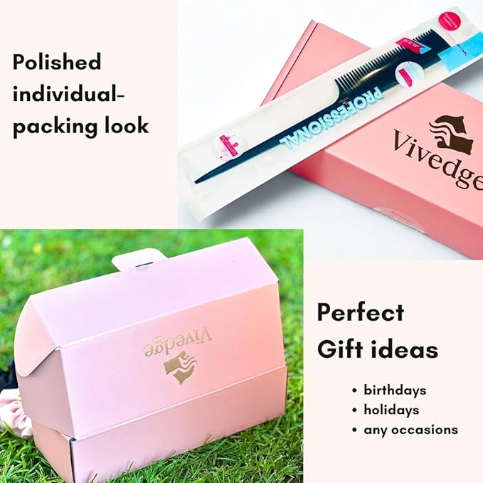 VIVEDGE| Curly Hair Comb Set Gift set | Carbon Fiber Detangler Wide Tooth Parting Combs anti static frizz-free with Premium Acccessories for Styling | Gift for loved ones (Black-Pink)