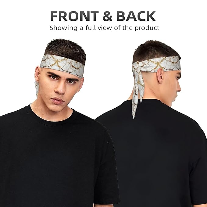 Men's Women Fashion Sports Sweatband Hand Decor for Running Fitness Spa, Long Multifunction Gold Marble Texture White Head Ribbon Headwear