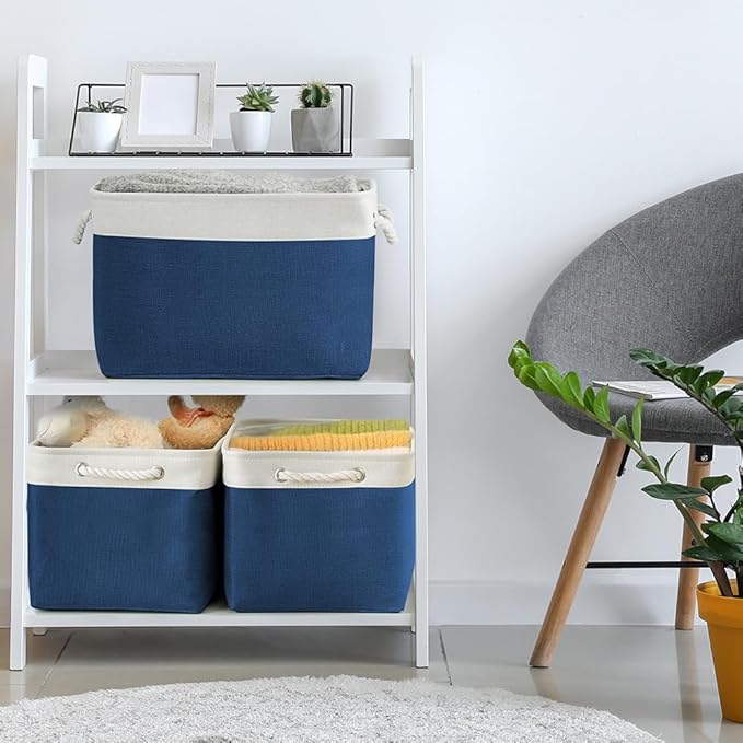 TheWarmHome Organization and Storage for Organizing - 3 Pack 16x12x12 inch Cube Storage Bin for Shelves, Fabric Storage Cubes for Closet Cloth Organizer Gift Toy (White & Jean Blue)