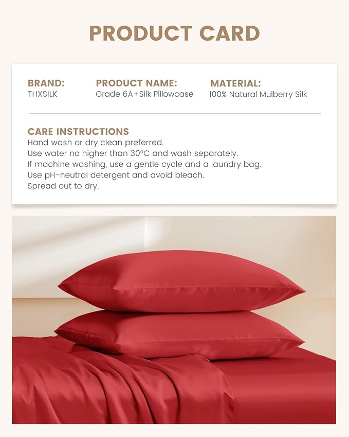 THXSILK Set of 2 100% Pure Mulberry Silk Pillowcase for Hair and Skin, Highest 6A+ Grade Silk Pillow Case Standard Size, Real Silk Pillowcase with Zipper (Red, Standard Size 20"x26")