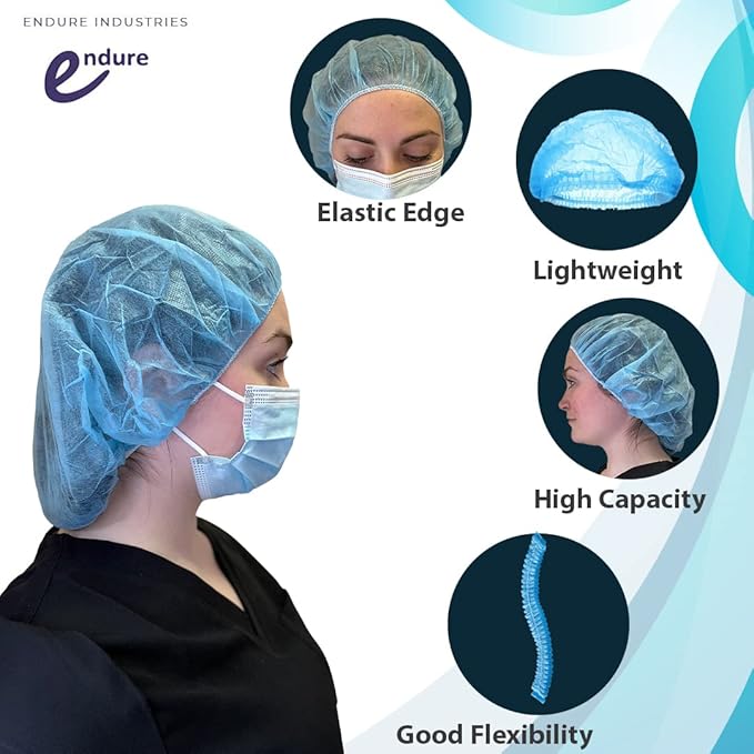 Endure Disposable Bouffant cap- Blue, Hair Head Cover Net, Handmade, Nonwoven PP, Case of 400 (24")