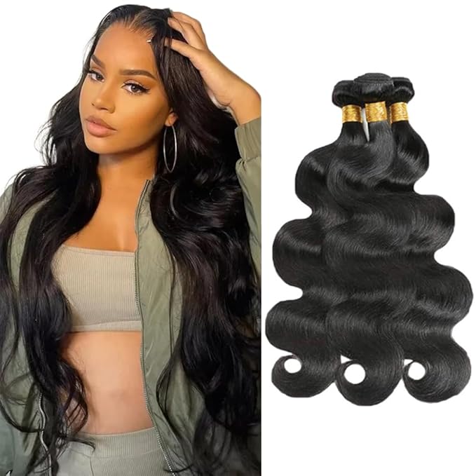 Color 1B Body Wave Bundles Natural Black Human Hair Bundles 24 26 28 Inch Niegmeag Brazilian Virgin Remy Hair Extensions Double Weft Soft and Silky Body Wave Bundle Hair Weave