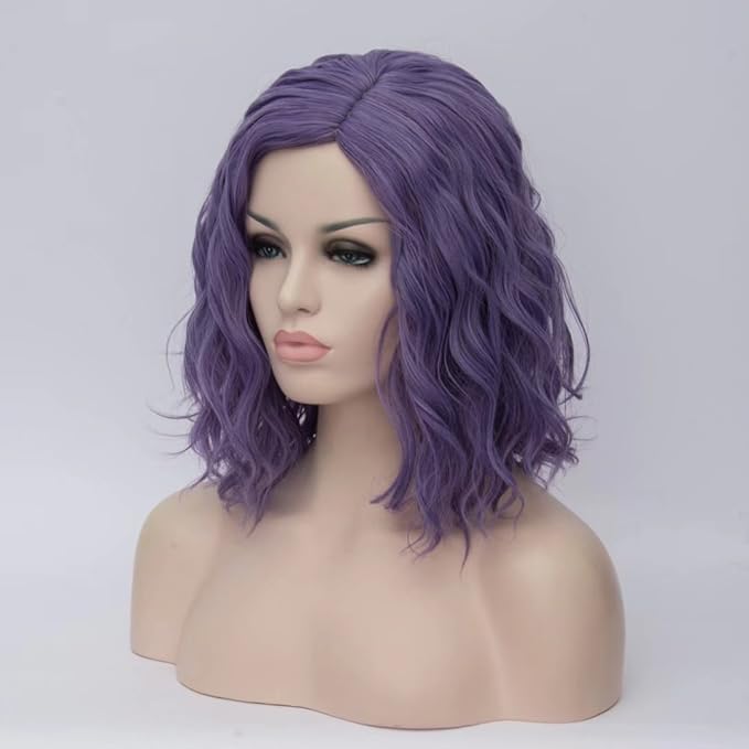 BUFASHION 14" Women Short Dark Purple Kinky Straight Cosplay Synthetic Wigs With Air Bangs 46 Colors Available (Dark Purple)
