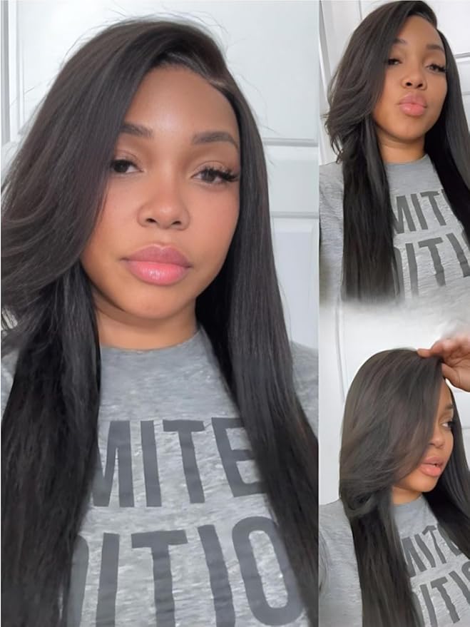 Yiroo Light Yaki Straight Wig Human Hair with Side Swept Bangs,7x5 Lace Front Bye Bye Knots Glueless Wig Human Hair Pre Plucked Pre Cut,Elastic Drawstring Wear and Go Wig for Women 150% Density 14Inch