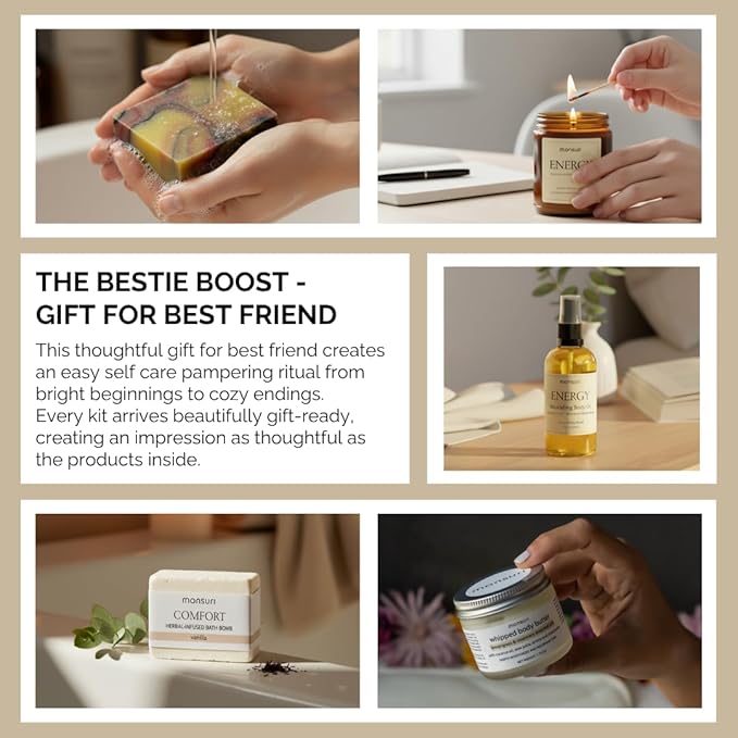 Gifts for Best Friend Woman | Bestie Boost Self Care Gift Set. 5-Piece Pampering At Home Spa Kit with Candle, Bath Bomb, Body Butter, Soap Bar, Body Oil. Best Friend Birthday Gifts for Women