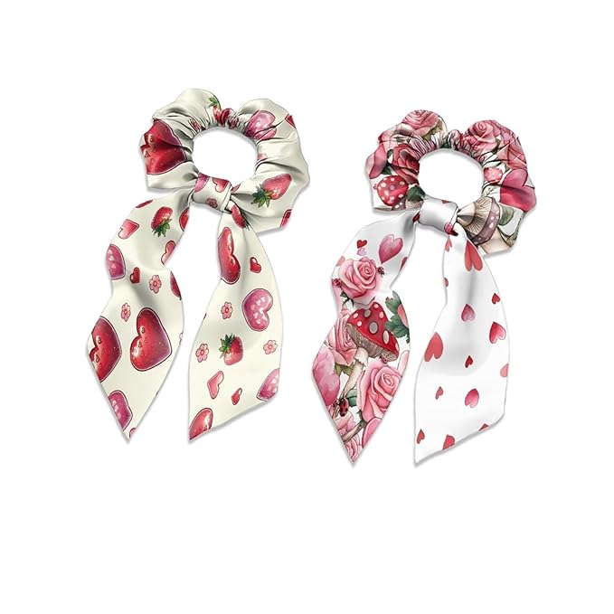 Heart Rose Mushroom Satin Hair Tie Thick Hair Valentine's Day Pack of 2 Knotted Bow Hair Scrunchies Elastic Hair Scarf Bow Scrunchy for Women