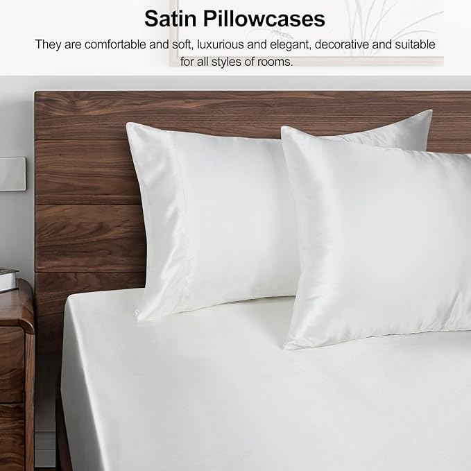 Lirex Satin Pillowcase for Hair and Skin, Super Soft and Cooling Similar to Silk, 2 Pack Standard Size 20"X 26" Pillow Cases with Envelope Closure, Gifts for Women Men, White
