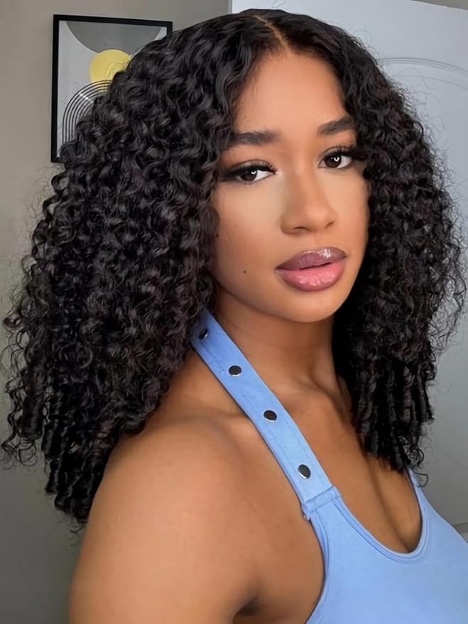 Julia Hair 7x5 Lace Water Curly Texture Wig With Finger Coil Ends Glueless Wigs Human Hair Put On and Go Invisible Lace Pre Plucked Pre Cut Bleached Knots Natural Hairline 24 Inch
