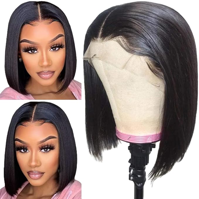 Bob Wig Human Hair 16 Inch 13x4 HD Frontal Bob Wigs Human Hair Pre Plucked with Baby Hair Straight Wigs for Black Women 180% Density Natural Black Wig
