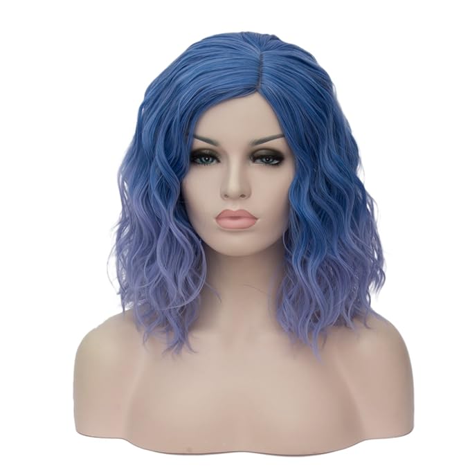 BUFASHION 14" Women Short Ombre Light Blue Kinky Straight Cosplay Synthetic Wigs With Air Bangs 46 Colors Available (Ombre Light Blue 1)