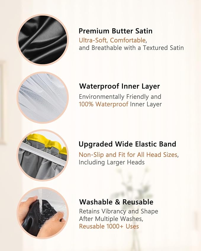 mikimini Extra Large Black Shower Caps Pack of 2 for Women and Men Thick Long Hair Braids, Reusable Waterproof Double Layers XL Bathing Hair Cap with Vibrant Yellow Edge (Black)