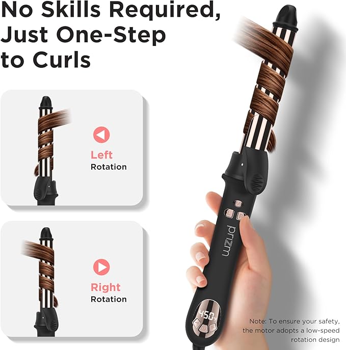 Prizm Rotating Curling Iron, 1inch/25mm Automatic Hair Curler for Long Hair, Self Spinning Barrel, 250-450°F with LCD Display, Auto-Shut Off & Dual Voltage, Black
