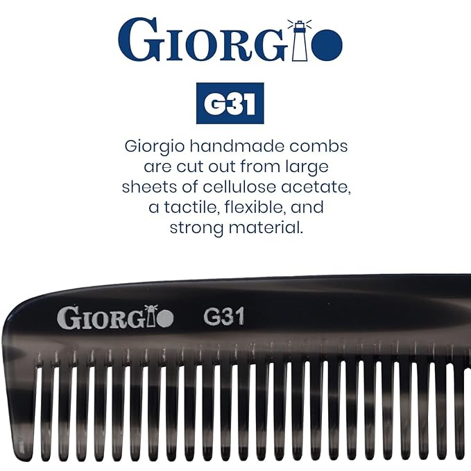 Giorgio G31 Fine Tooth and Wide Tooth, Hair Comb - Hair Styling Comb for Men, and for Women, Mens Beard Care Combs for Detangling and Styling - Handmade Saw-Cut and Hand Polished (Black Graphite)