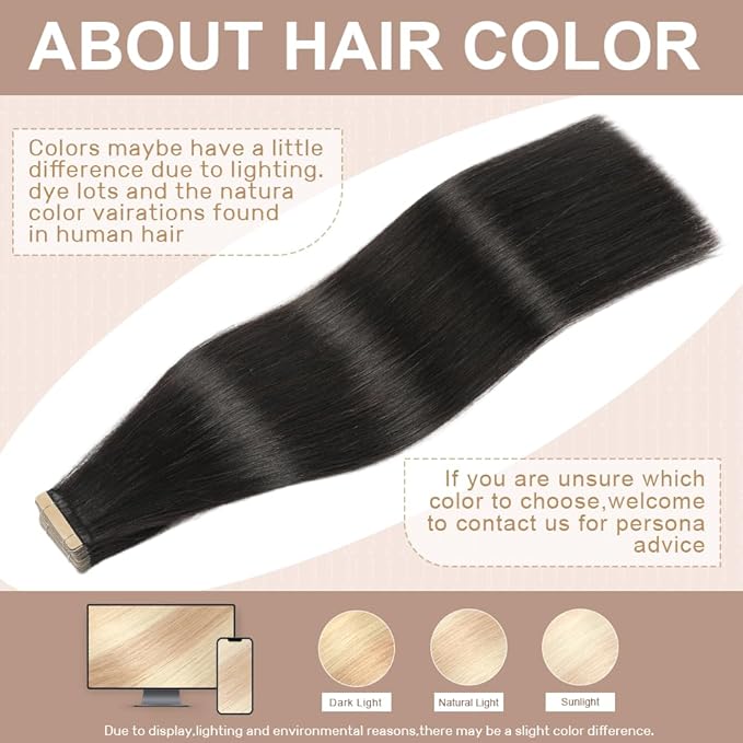 Tape in Hair Extensions Human Hair 16 Inch 20pcs Invisible Tape ins Hair Extensions Real Human Hair Natural Black Remy Seamless Injected Tape Extensions