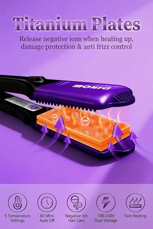 DSHOW 4 in 1 Hair Crimper Hair Waver Hair Straightener Curling Iron with 4 Interchangeable Titanium Ceramic Flat Crimping Irons Plates (Purple) (Blush)
