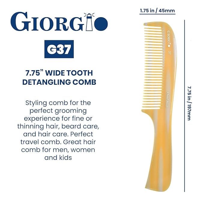 Giorgio G37 Large Coarse Detangling Comb, Wide Teeth for Long Thick Curly Wavy Hair. For Wet and Dry Hair Handmade Rake Comb Saw-Cut and Hand Polished Imitation Horn