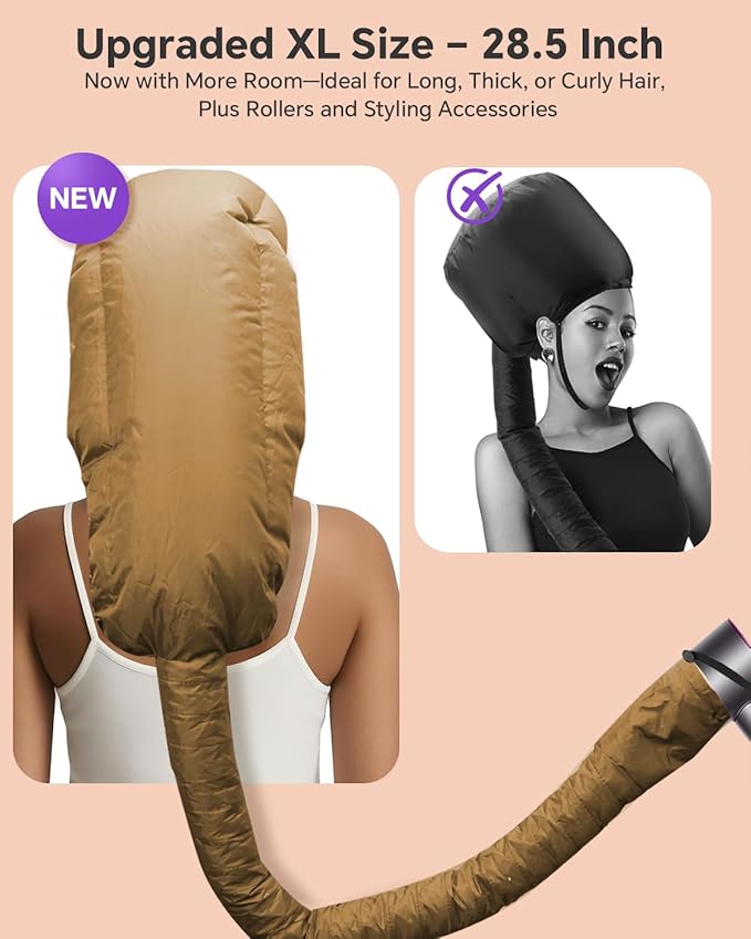 Hair Dryer Bonnet Attachment – 28.5" XL Hooded Dryer Cap for Faster Drying & Deep Conditioning, Extra-Large Space Fits Thick, Curly Hair & Styling Tools (Gold, Extra Large)