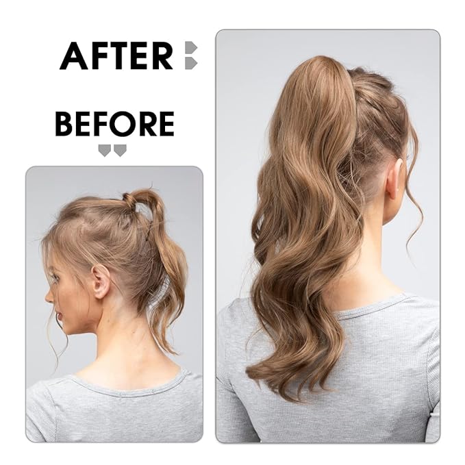 CJL HAIR 22" Long Ponytail Hair Extension Wrap Around Pony Tail Clip in Curly Wavy Synthetic Fake Hairpiece for Women Black Brown