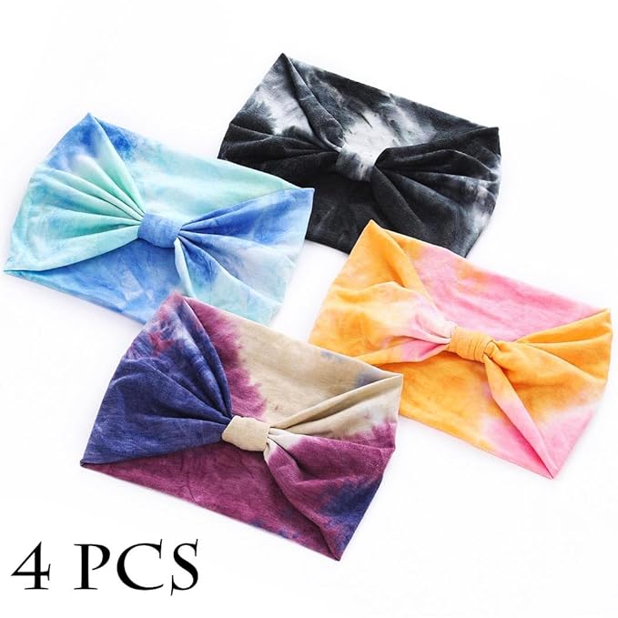 Wide Headbands Stretch Turban Knotted Hairbands Elastic Yoga Workout Sweatband Running Sport Head Scarf Large African Head Wraps for Women 4 Pcs (Set G)