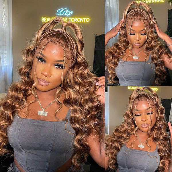 Honey Blonde Ombre 13x6 Lace Front Wig Human Hair 210 Density Highlight Body Wave Lace Front Wigs Human Hair Pre Plucked Glueless Lace Frontal Wig for Women 4/27 Colored 34Inch