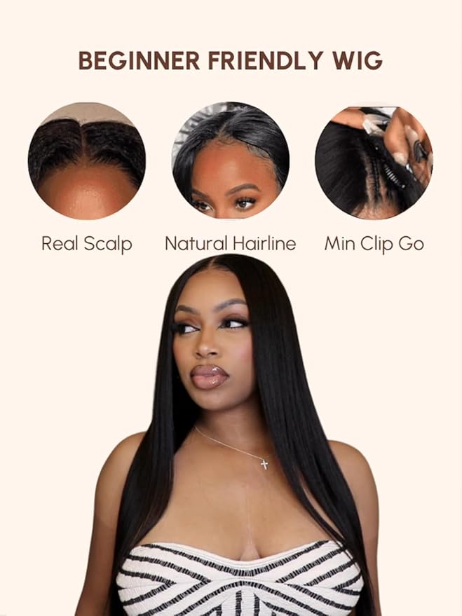 YIROO V Part Wig Yaki Straight Human Hair Wigs for Black Women Upgrade Upart Wig No Leave Out 12A Glueless Kinky Straight V Shape Clip in Half Wig No Glue No Sew Beginner Friendly 180% Density 26 Inch