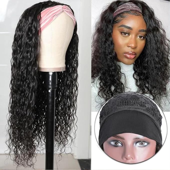 KLAIYI Headband Human Hair Wig Water Wave Curly Non Lace Front Wigs for Black Women Deep Wave Glueless Wear and Go Half Wig with Band 30S Ready to Wear Beginner Friendly 180% Natural Hairline 18Inch