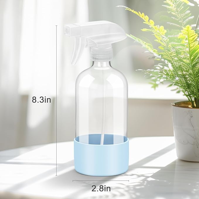 2 Pack Glass Spray Bottles with Silicone Sleeve, 16 oz Empty Refillable Containers with Adjustable Spray Nozzles, Spray Bottles for Hair, Cleaning Solutions and Plants Blue&Grey