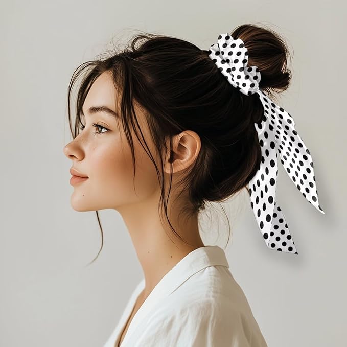 White Black Ribbon Bow Elastic Hair Ties for Women 2 Pack Polka Dot Knotted Bow for Women Travel No Damage Scarf Scrunchy for Thick Hair