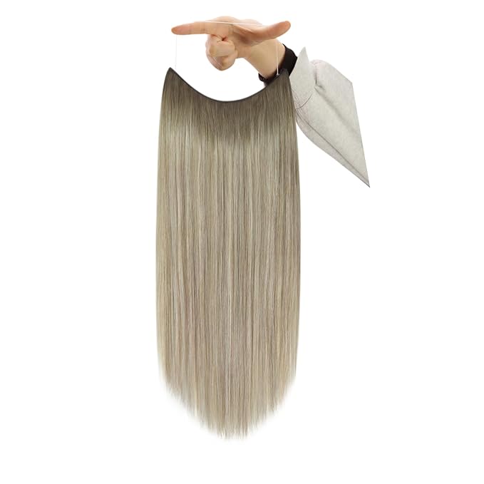 YoungSee Wire Hair Extensions Human Hair Ombre Blonde Wire Hair Extensions for Women Balayage Ash Blonde Ombre Platinum Blond Human Hair Fish Line Dyable Remy Hair 80G 14Inch