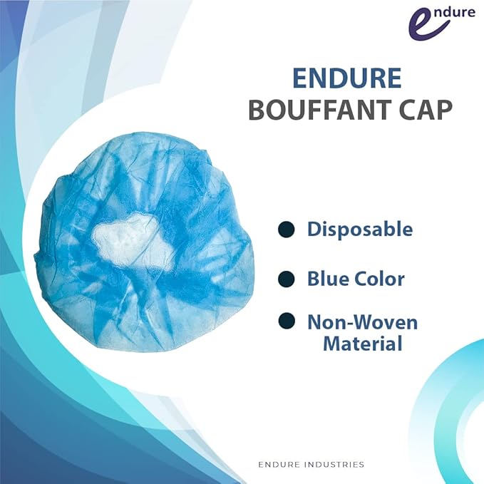 Endure Disposable Bouffant cap- Blue, Hair Head Cover Net, Handmade, Nonwoven PP, Case of 400 (21")