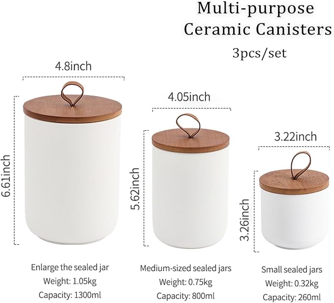 YYW Kitchen Canister Set for Countertop Set of 3, 9/28/45 oz Ceramic Food Storage Containers with Airtight Wood Lids, Food Saver Jars for Coffee, Tea, Candy, Flour(Three-piece suit in white)
