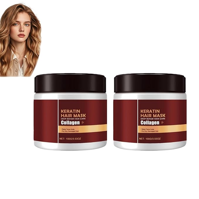 Keratin & Collagen Hair Mask for Dry Damaged Hair - Deep Repair Treatment with Hydrolyzed Keratin, Frizz Control & Split Ends Repair, Moisturizing Hair Care, 3.53 oz (2, pcs)