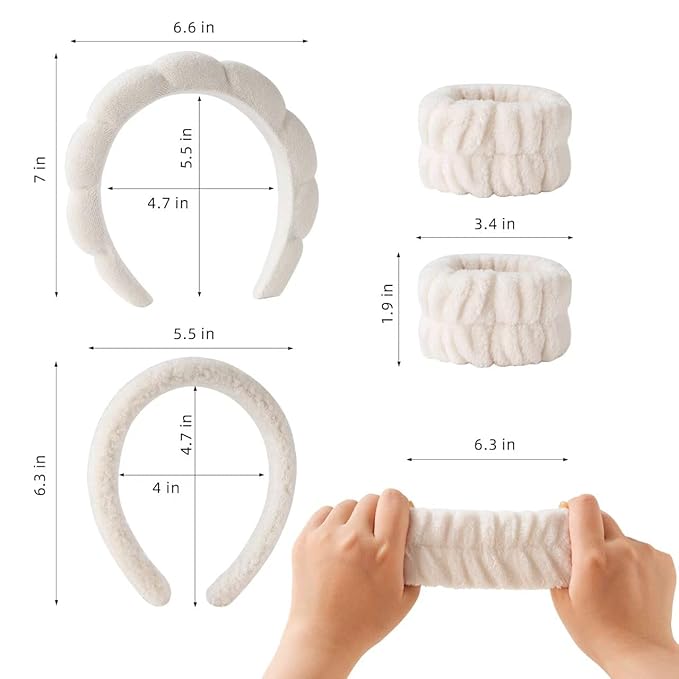 2Pcs Spa Headband for Washing Face & 1 Pairs Wristband Set Sponge Makeup Skincare Headband &Terry Cloth Bubble Soft Hairband for Women Girl Puffy Padded Headwear Non Slip Thick Hair Accessory (Beige)