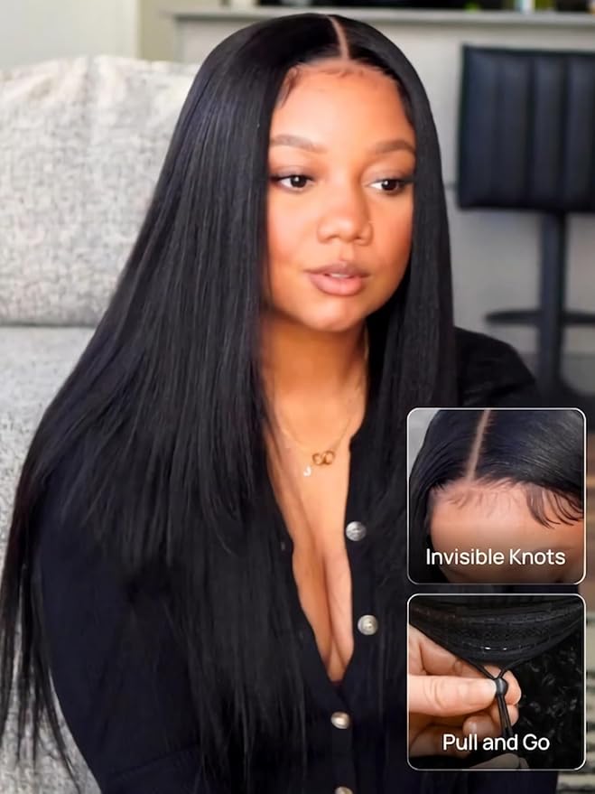 Julia Hair Yaki Straight Pre Cut HD Lace Closure Wigs Human Hair with Elastic Drawstring Glueless Wig Human Hair 7x5 Lace Front Bye Bye Knots Wig Pre Plucked Bleached Knots Natural Hairline 24 Inch