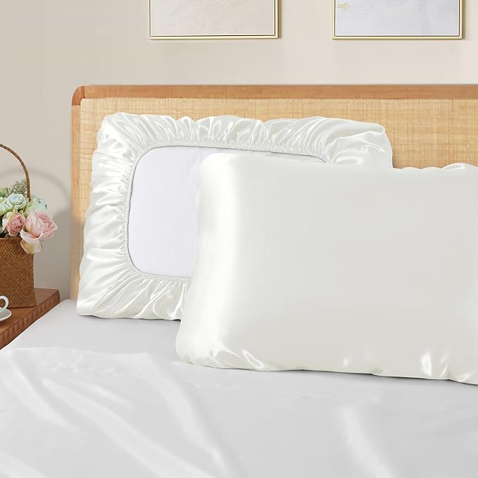 SiinvdaBZX Ivory White Satin Pillowcase Standard/Queen Size Set of 2, Silky Travel Elastic Band Satin Pillow Case for Hair and Skin, Soft Portable & Fit for Various Pillow