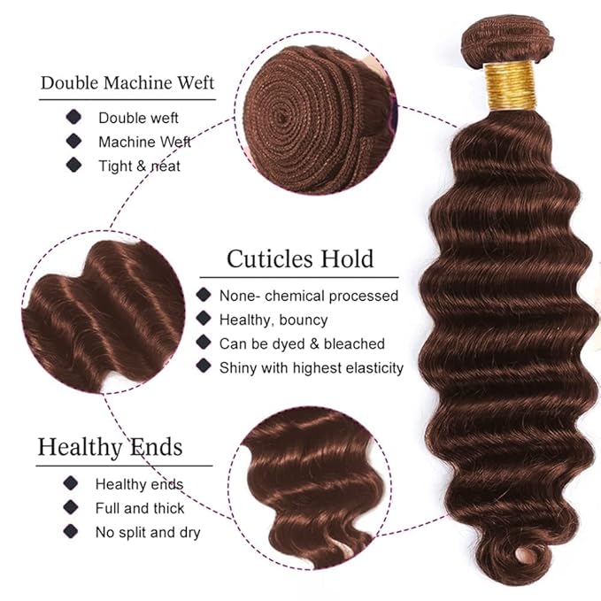 Chocolate Brown Human Hair Bundles Color 4 Deep Wave Bundles Niegmeag Peruvian Grade 8A Virgin Remy Hair 1 Bundle 18 Inch Double Weft Hair Weave 100g