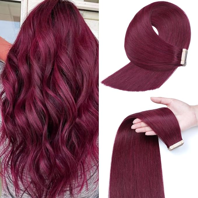 Tape in Hair Extensions Human Hair 16 Inch 20pcs Invisible Tape ins Hair Extensions Real Human Hair 99J Red Wine Burgundy Remy Seamless Injected Tape Extensions