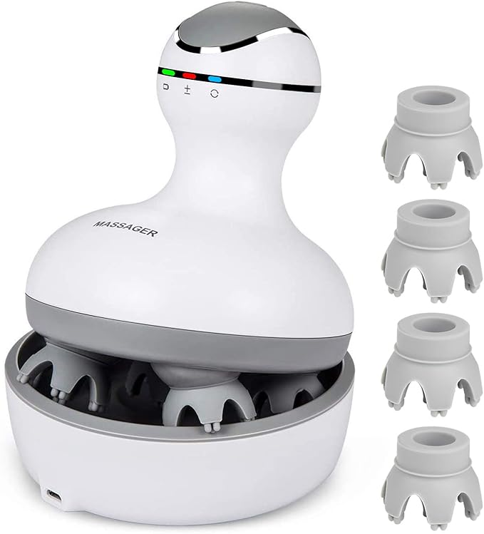 cotsoco Electric Scalp Head & Back Massager, Cordless Hair Massage Waterproof Head Massager with 4 Heads 84 Nodes for Hair Growth, Stress Relief & Deep Clean, Gifts for Mom, White