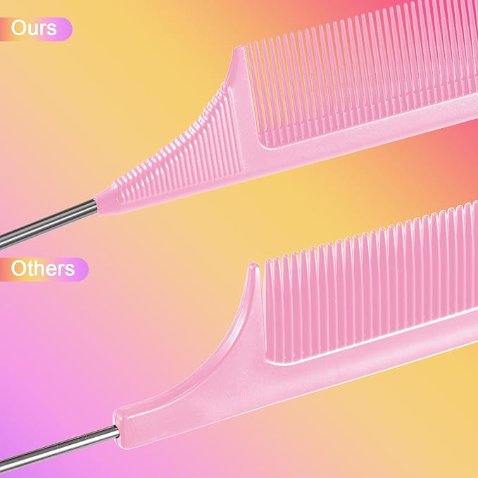 Leinuosen 3 Packs Rat Tail Comb Steel Pin Rat Tail Carbon Fiber Heat Resistant Teasing Combs with Stainless Steel Pintail (Black, Pink, White)