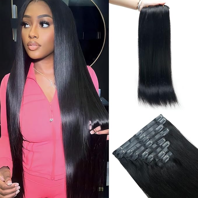 Straight Clip in Hair Extensions Real Human Hair 2 Pack 240g Seamless Clip in Hair Extensions for Women Full Max with 16Pcs PU Skin Weft 18inch Natural Black