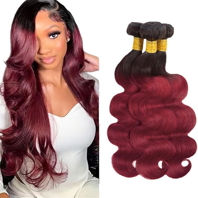 30 32 34 Inch Ombre Bundles Human Hair 99j Body Wave Bundles 2 Tone Black and Red Body Wave Bundle Niegmeag Brazilian Virgin Soft and Silky Remy Hair Extensions 300g