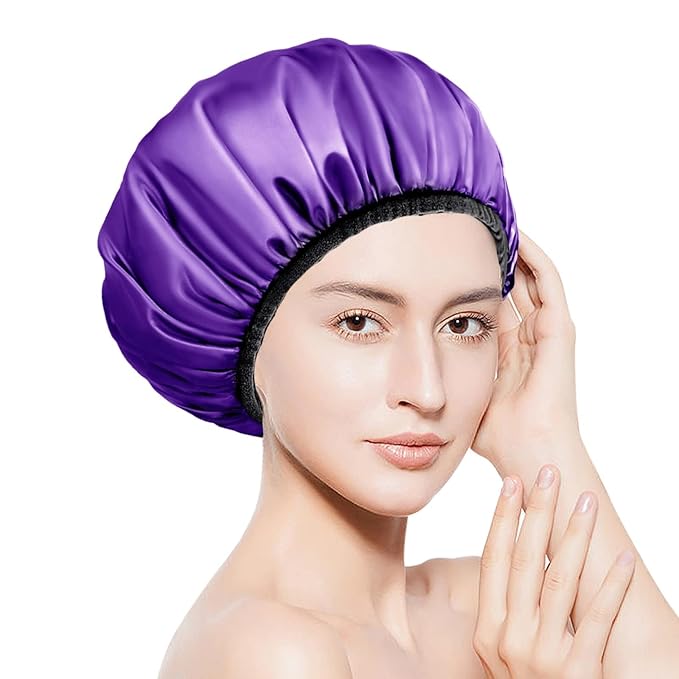 Aquior Shower Cap,Extra Large Triple Layer Bathing Cap with Dry Hair Function for Women Microfiber Terry Cloth Silky Satin 100% Waterproof Reusable Long Hair Bath Caps (Purple)