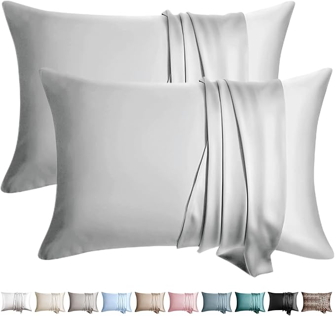100% Silk Pillow Cases 2 Pack King Size Mulberry Silk Pillowcase for Hair and Skin Set of 2 Highest Grade 6A Silk Soft Breathable Cooling with Hidden Zipper, Light Grey